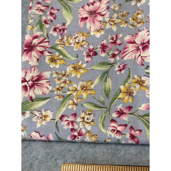 Floral Cotton Fat Quarter Fabric 18x22" Blue Background Pink Yellow Flowers - Picture 1 of 5